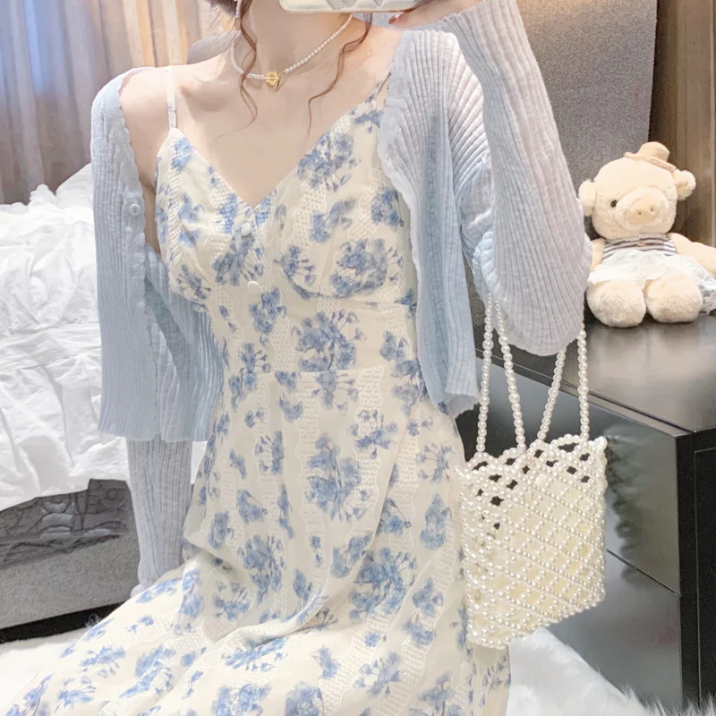 

Floral suspender dress women's spring and autumn 2021 new French gentle wind small temperament slim dress