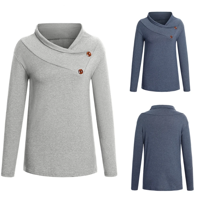 

Women Autumn Long Sleeve O-Neck Sweatshirt Lapel Buttons Loose Pullover Tunic Tops Solid Color Outdoor Casual Leisure Streetwear