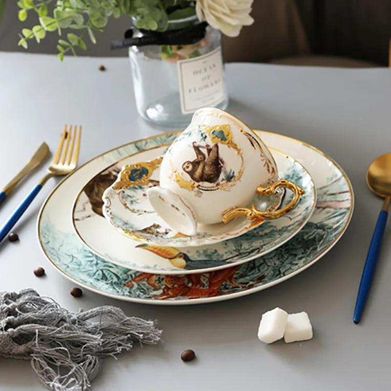 Lion Design Dish Gold Rim Main Plate Circular Ceramic Animal Forest Series Tableware Food Tray French Dishes 8/10inch | Дом и сад