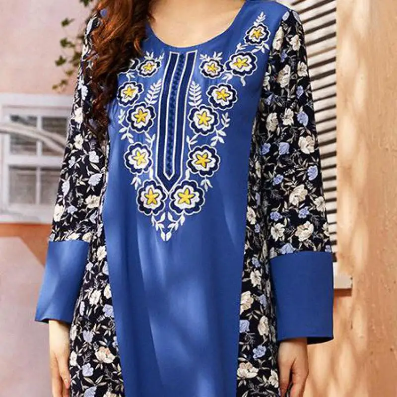 

Dubai Big Swing Round Neck Printed Sequined Slim Fit Embroidered Lady Dress Muslim Plus Size Long Skirt Moroccan Oriental Dress