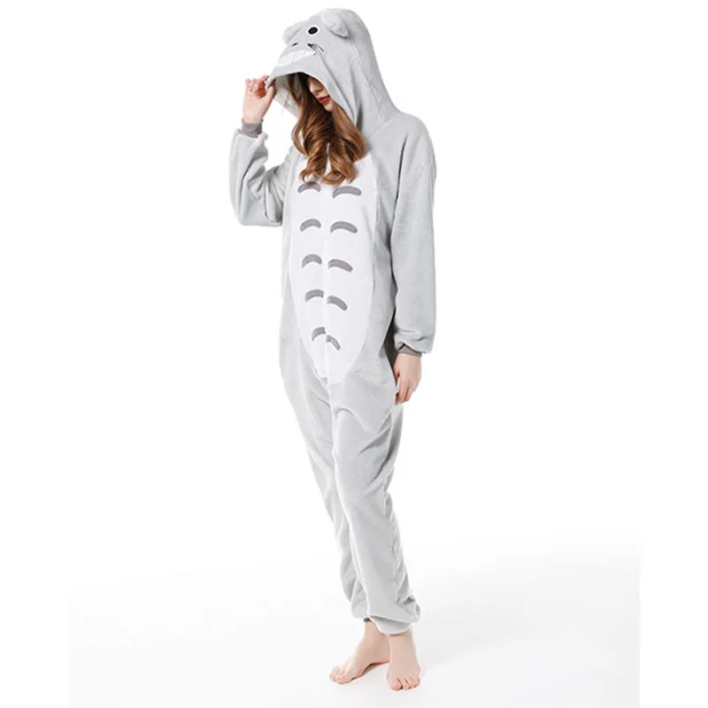 Winter Flannel Kigurumi Women Men Onesies Cute Cartoon Animal Totoro Neighbor Pajamas Set Unisex Pyjama Pijama Sleepwear