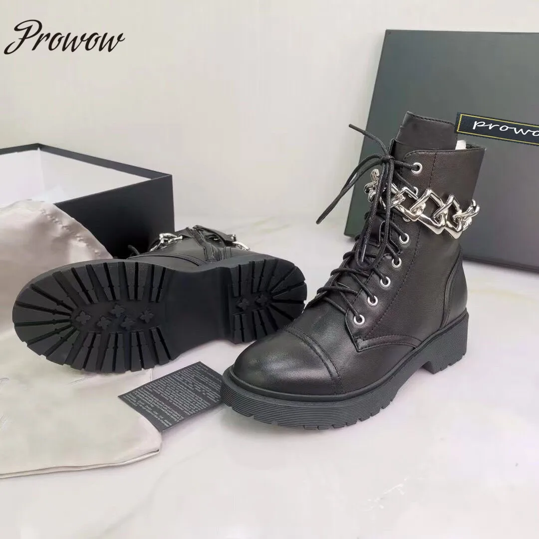 

Женские ботинки с цепочкой Prowow, черные сапоги до лодыжек, дизайнерская обувь, 2019