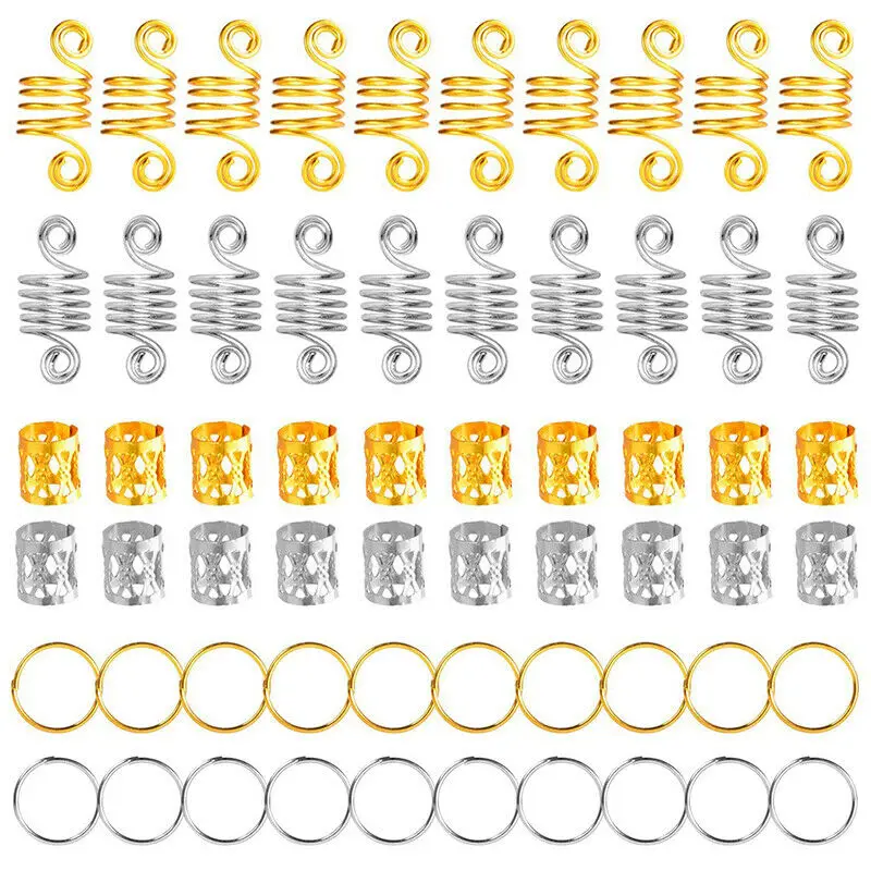 

60pcs Metal African Hair Rings Beads Cuffs Tubes Charms Dreadlock Dread Hair Braids Jewelry Decoration Accessories Gold