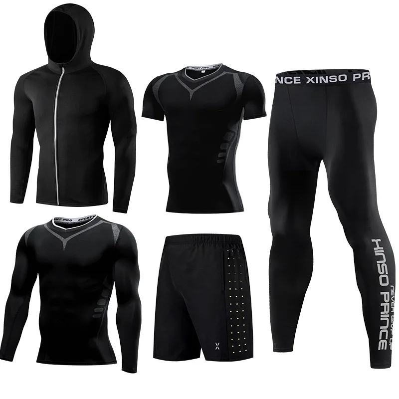 Fitness suit men's basketball tights training suit running gym fast dry spring and autumn five-piece set