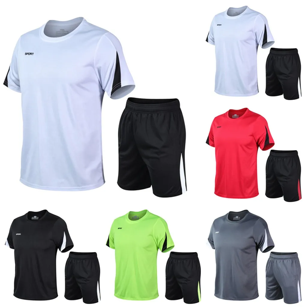 

60# Men's Set Sportswear Kit Short Sleeve Sports Sport Shirt Men Running 2pcs Suit For Soccer Gym Men T-shirts & Shorts Sets
