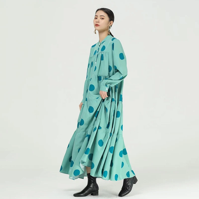 

CHICEVER Casual Dot Dress For Women Stand Collar Long Sleeve Hit Color Loose A Line Mid Dresses Female 2021 Spring Clothes Tide