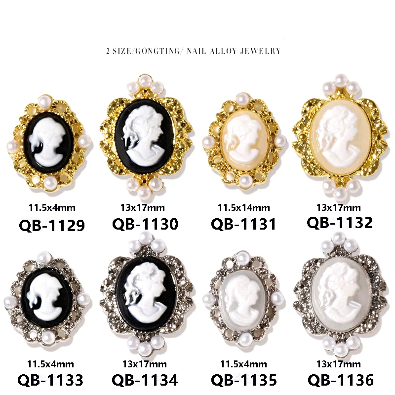 

10 Pcs Retro Beauty Head Nail Art Decoration Pearl Metal Gold and Silver Fashion Nail Tip Accessories QB1129-1136