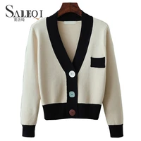 saleqi spring autumn v neck short cardigan women 2021 fashion panelled knitted sweater jacket female knitwear crop tops women