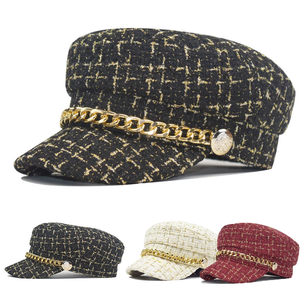 Новинка шапка в стиле милитари Осень зима берет с цепочкой Ретро стиль клетку