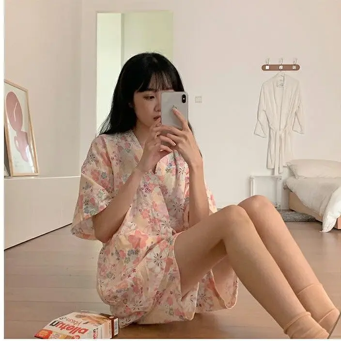 QWEEK Kimono Women Girls Kawaii Room Wear Summer 2021 Pajamas Floral Print Pyjamas Short Sleeve Pijamas Two Piece Set Nightwear