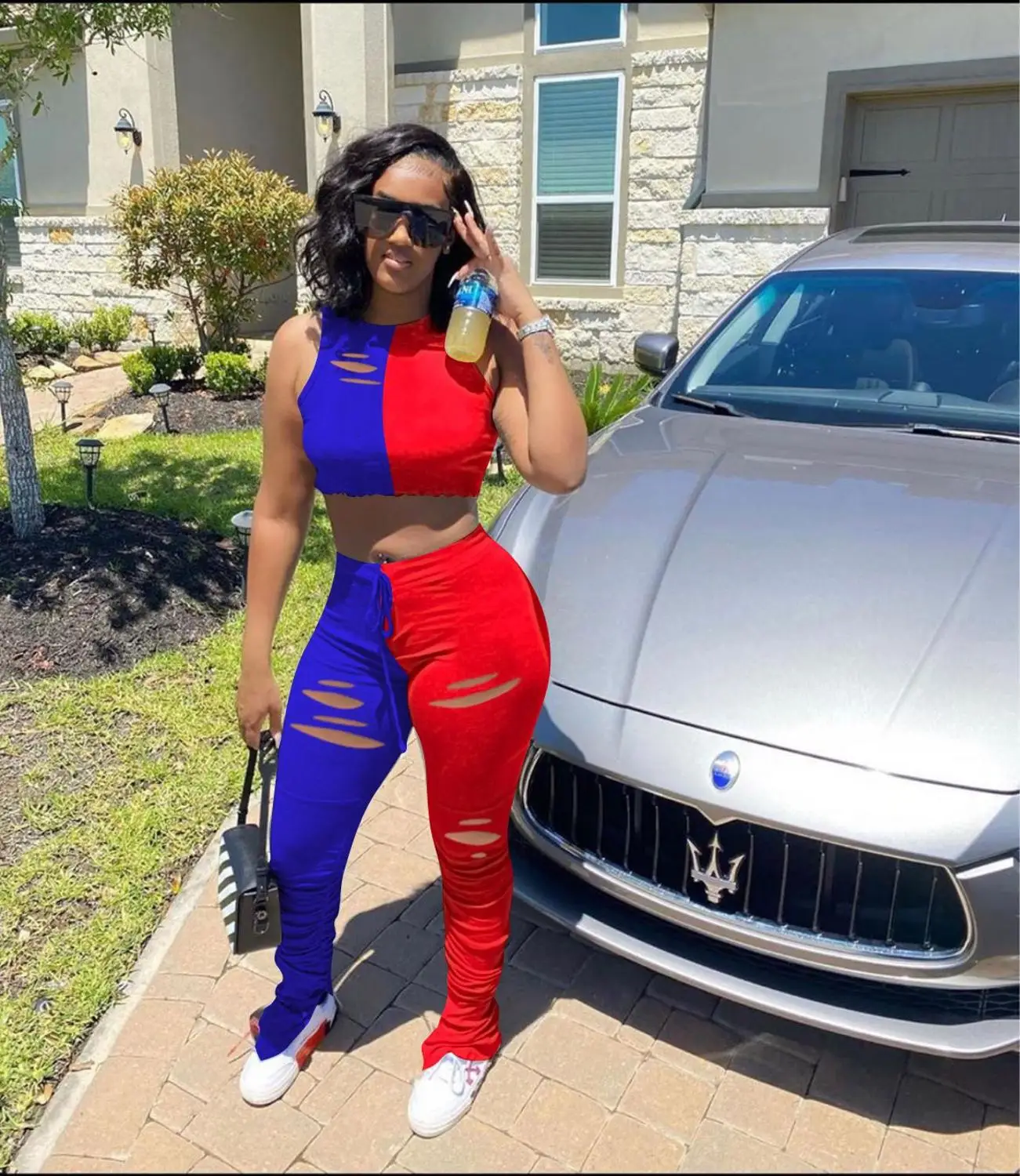 

New sexy two-color stitching ladies suit fashion slim O-neck sleeveless vest and trousers two-piece suit