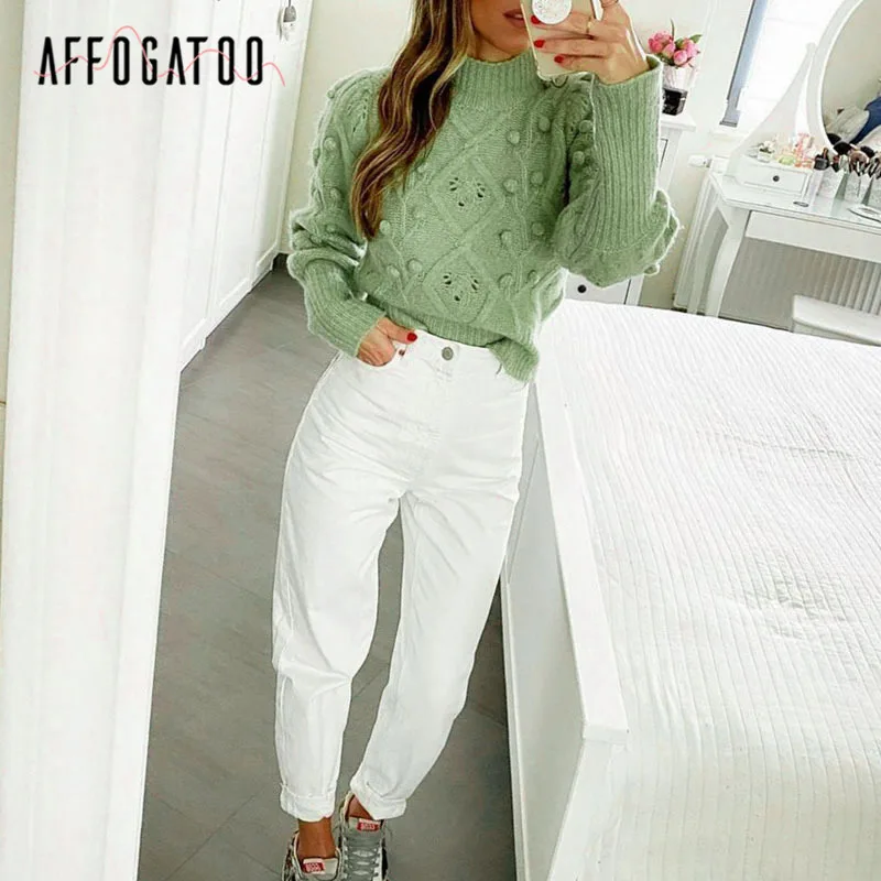 Affogatoo Casual turtleneck hairball women sweater Autumn winter lantern sleeve knitted female Streetwear lady pullover | Женская одежда
