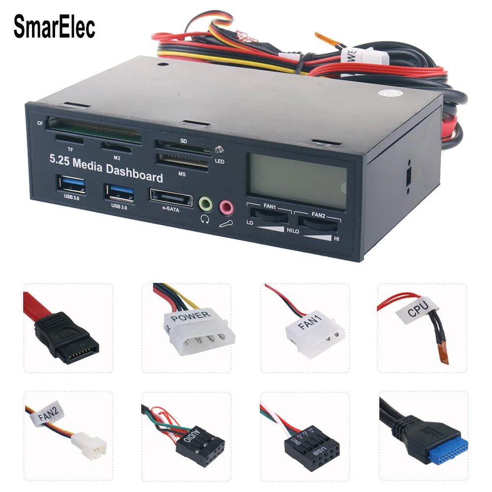 

Multifuntion Media Dashboard Front Panel 2 USB 3.0 Hub Card Reader with LCD Display PC Front Panel Media Dashboard eSATA Audio