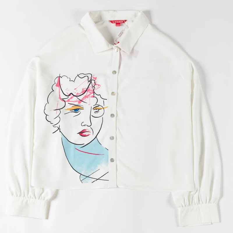 KISSMILK 2020 Design Lapel Character Print White Plus Size Long Sleeve Pleated Loose Printed Shirt |