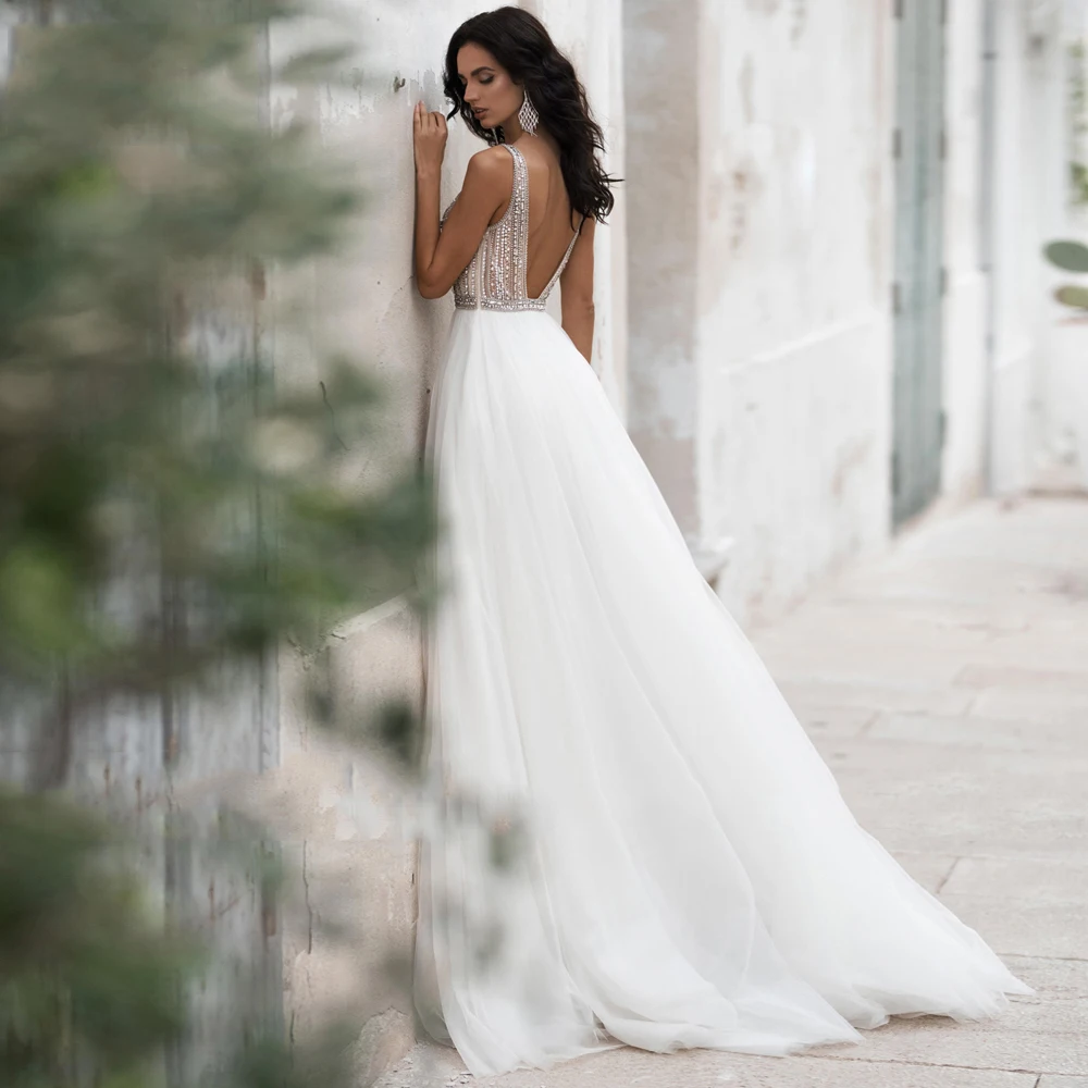 Eighree сексуальные расшитые бисером пляжные свадебные платья Тонкие хрустальные