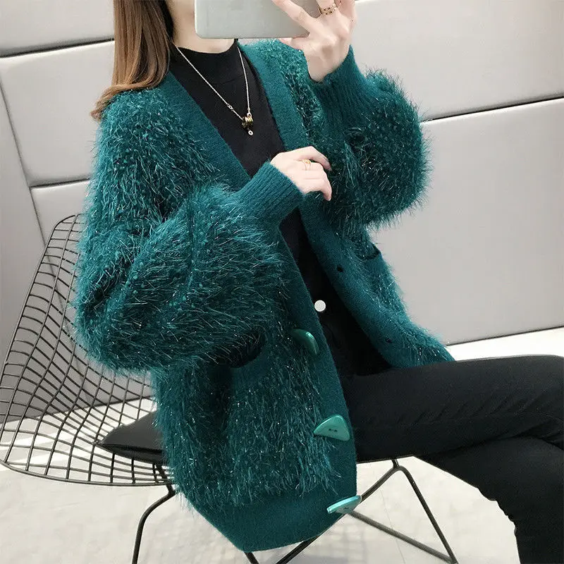 

Sweater ladies 2021 new autumn and winter jackets loose lantern sleeves mid-length knitted cardigan women