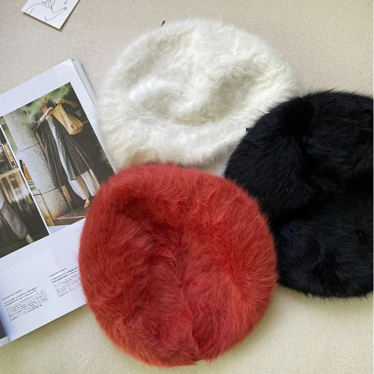 

Women Girl Beret French Artist Rabbit Fur Winter Beanie Hat Cap Vintage Plain Beret Hats Solid Color Elegant Lady Winter Caps