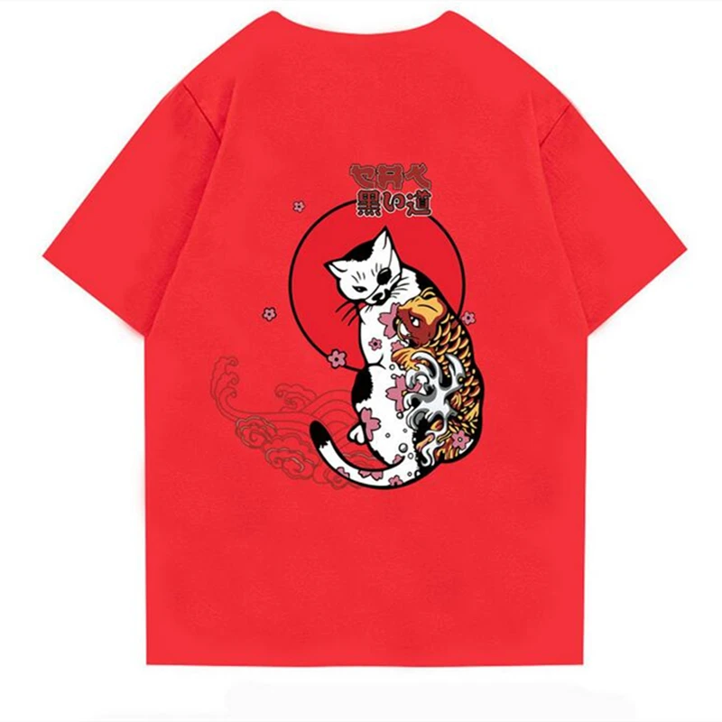

Dropshipping Japanese Cat Print Short Sleeve Tees Shirts Women Men Streetwear Hip Hop Harajuku Casual Loose 100% Cotton Tshirts