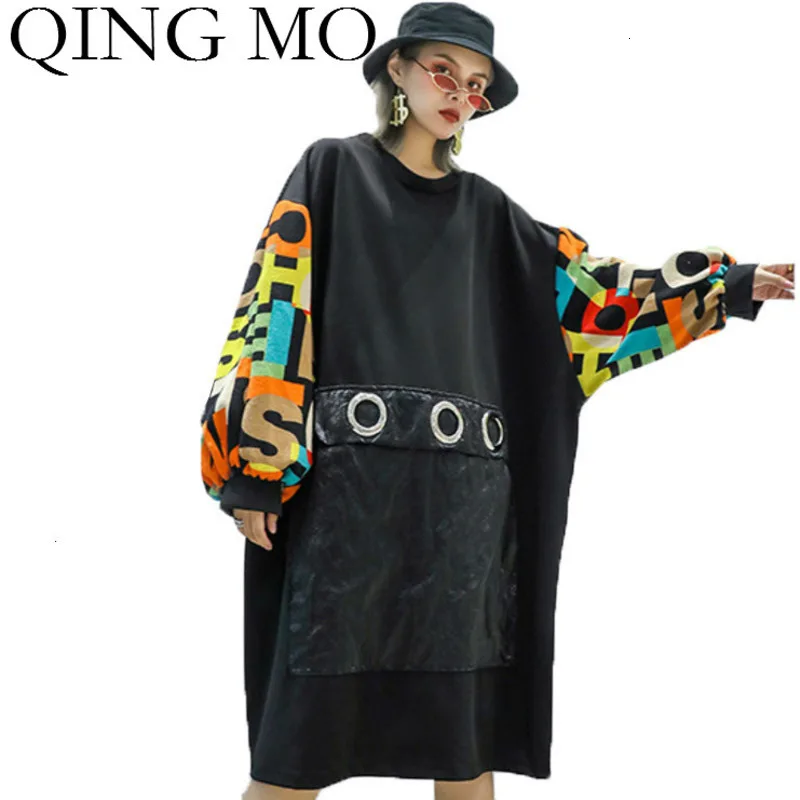 QING MO весенние женские пуловеры толстовки платье 2020 женская черная Лоскутная
