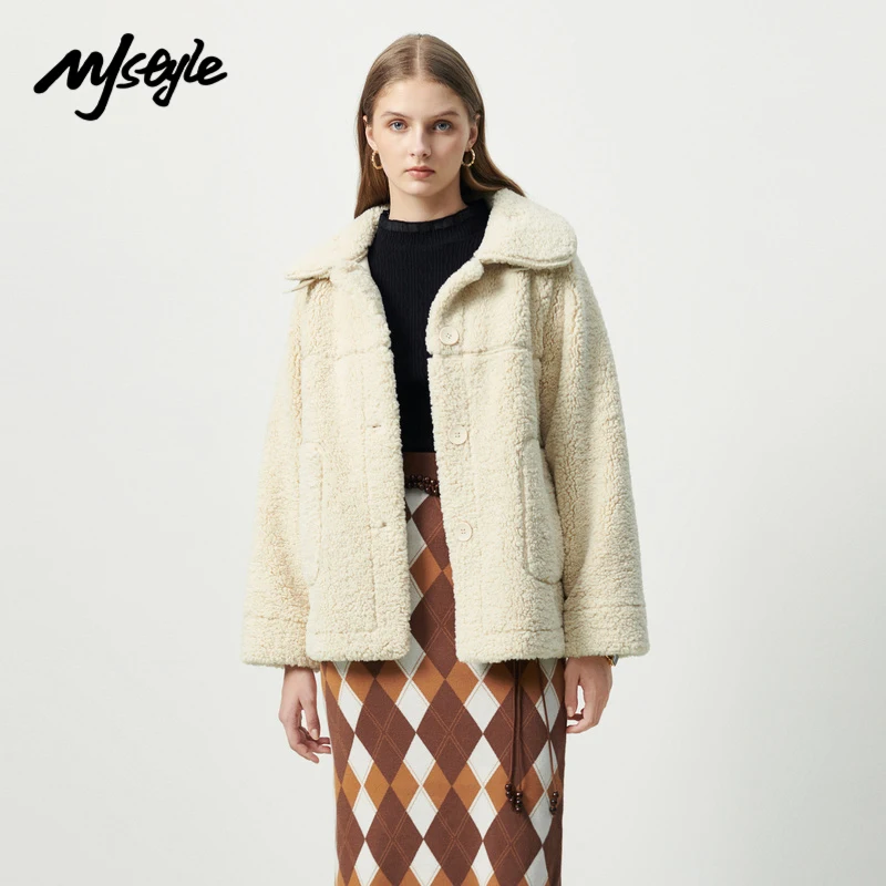 

Mj стильное зимнее женское Модное теплое бежевое флисовое короткое пальто в Корейском стиле 821130013