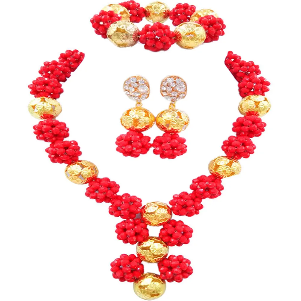 

graceful opaque red nigerian wedding set crystal ball bead african necklace set 1SJQ-07