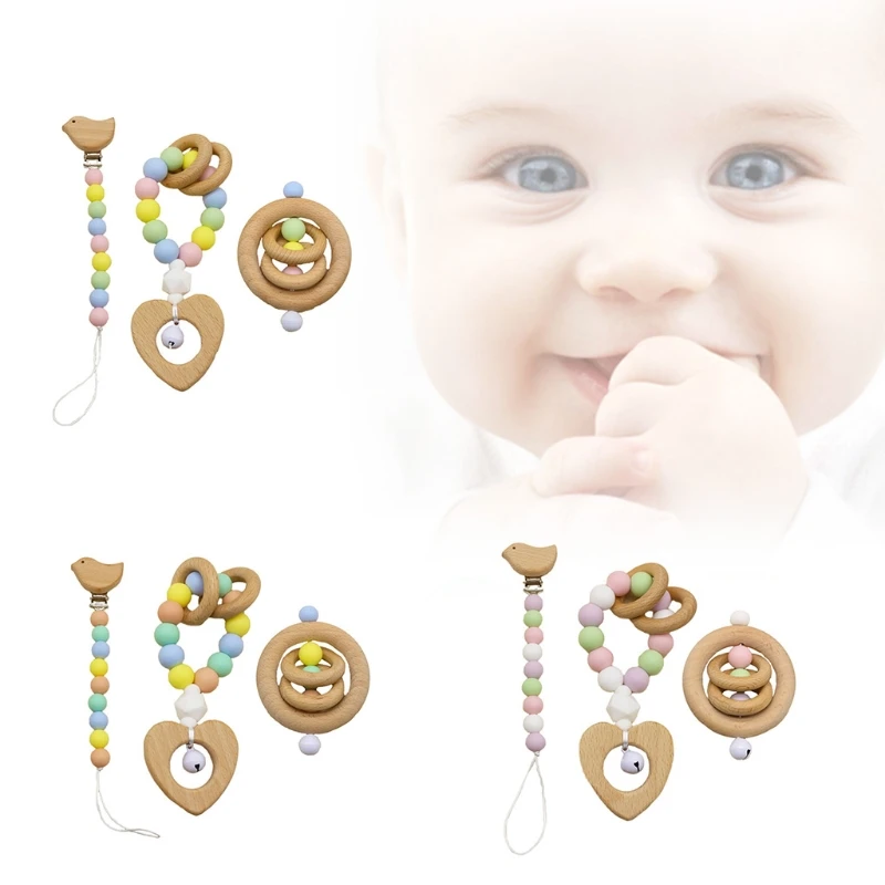 

3 Pcs/Set Baby Pacifier Clip Dummy Chain Holder Wooden Rattle Soother Molar Infants Teether Toy Newborn Shower Gifts