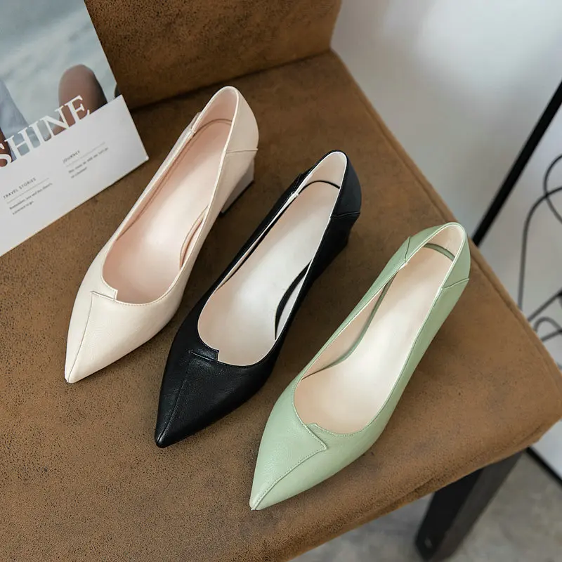 

2021 Superfine Fiber Women Shoes Slip on Spring/ Autumn Women Pumps Pointed Toe Square High Heel Ladies Pumps Size 34-43
