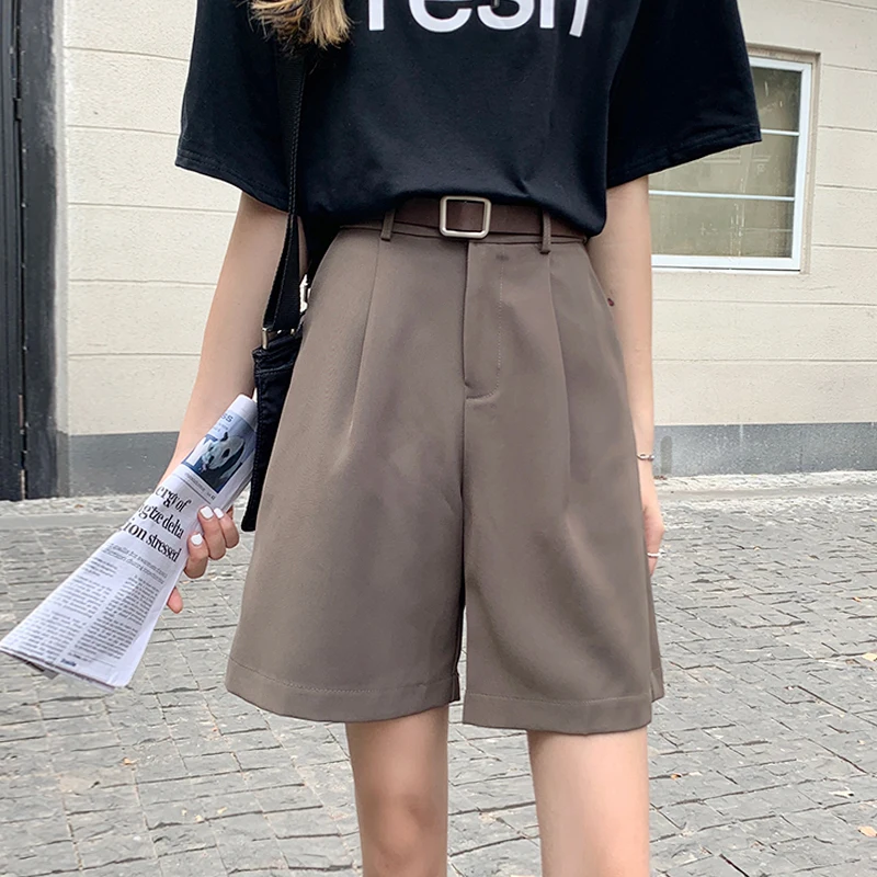 

Костюмные шорты в английском стиле для женщин, летние тонкие прямые повседневные Новые однотонные свободные женские брюки с высокой талией...