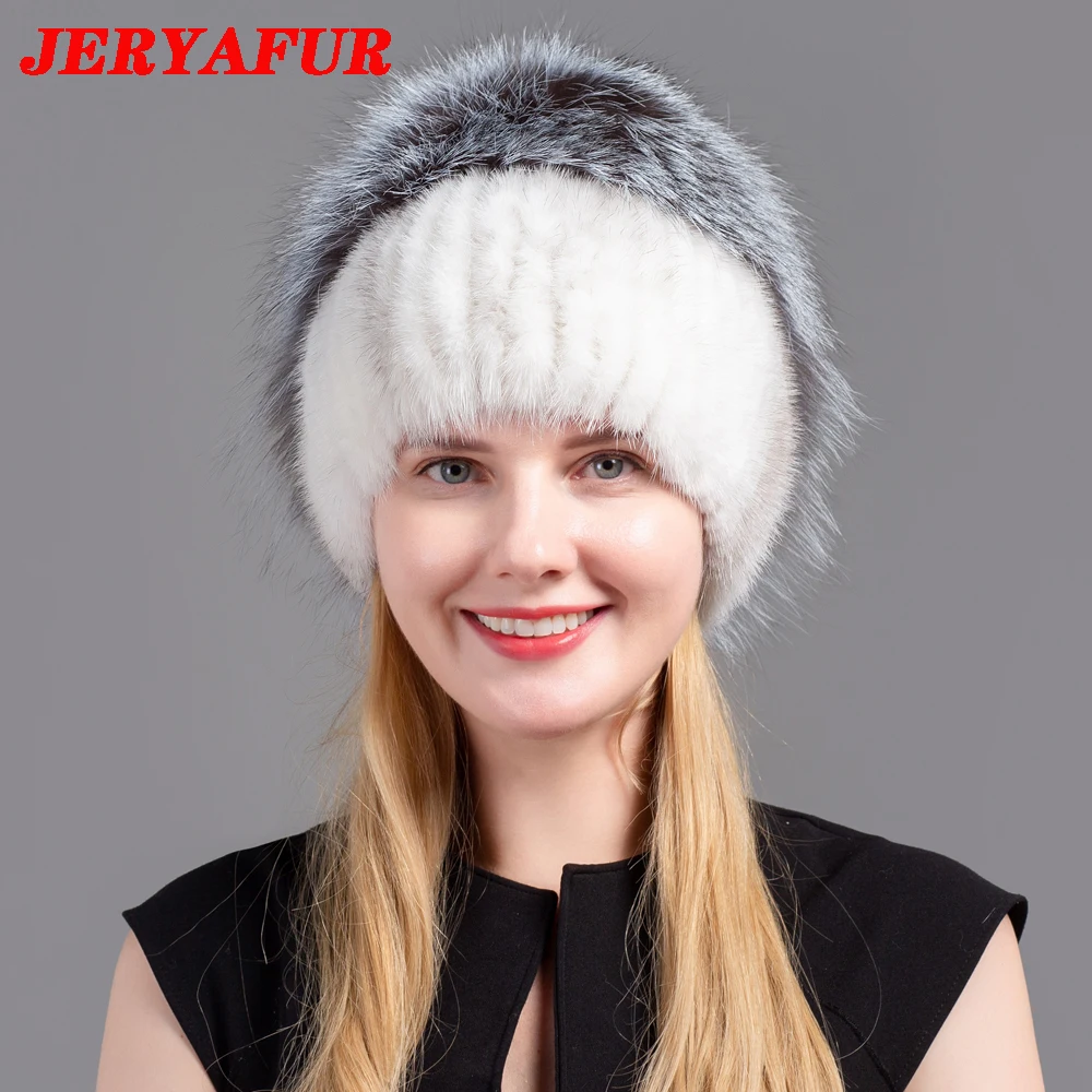 Шапка JERYAFUR женская зимняя теплая вязаная шапка из натурального меха норки