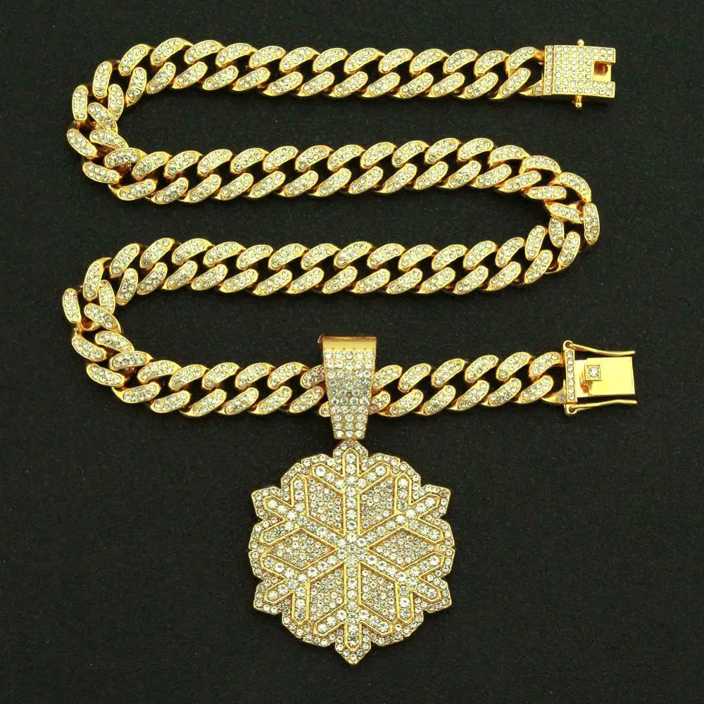 

Hip Hop Rhinestones Paved Bling Iced Out Cuban Link Chain Snowflake Pendants Necklace for Men Women Rapper Jewelry