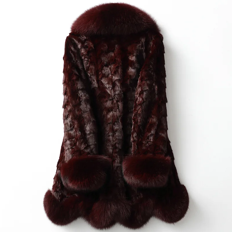 Women Fox Collar Vintage A-Line Burgundy Mink Fur Winter Coat High Quality Long Sleeves Jacket Thick Warm Silk Lining Outwear