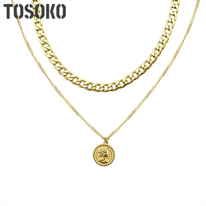 TOSOKO Stainless Steel Jewelry  Queen Portrait Round Card Multi-Layer Stacked Necklace Female Detachable Hip-Hop Chain BSP760