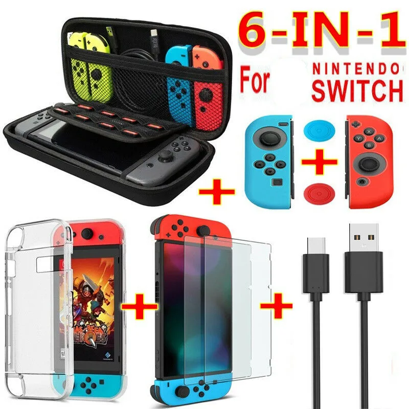 6 in 1 game accessory set Black red blue For Nintend Switch Travel Carrying Bag Screen Protector Case Charging Cable | Электроника