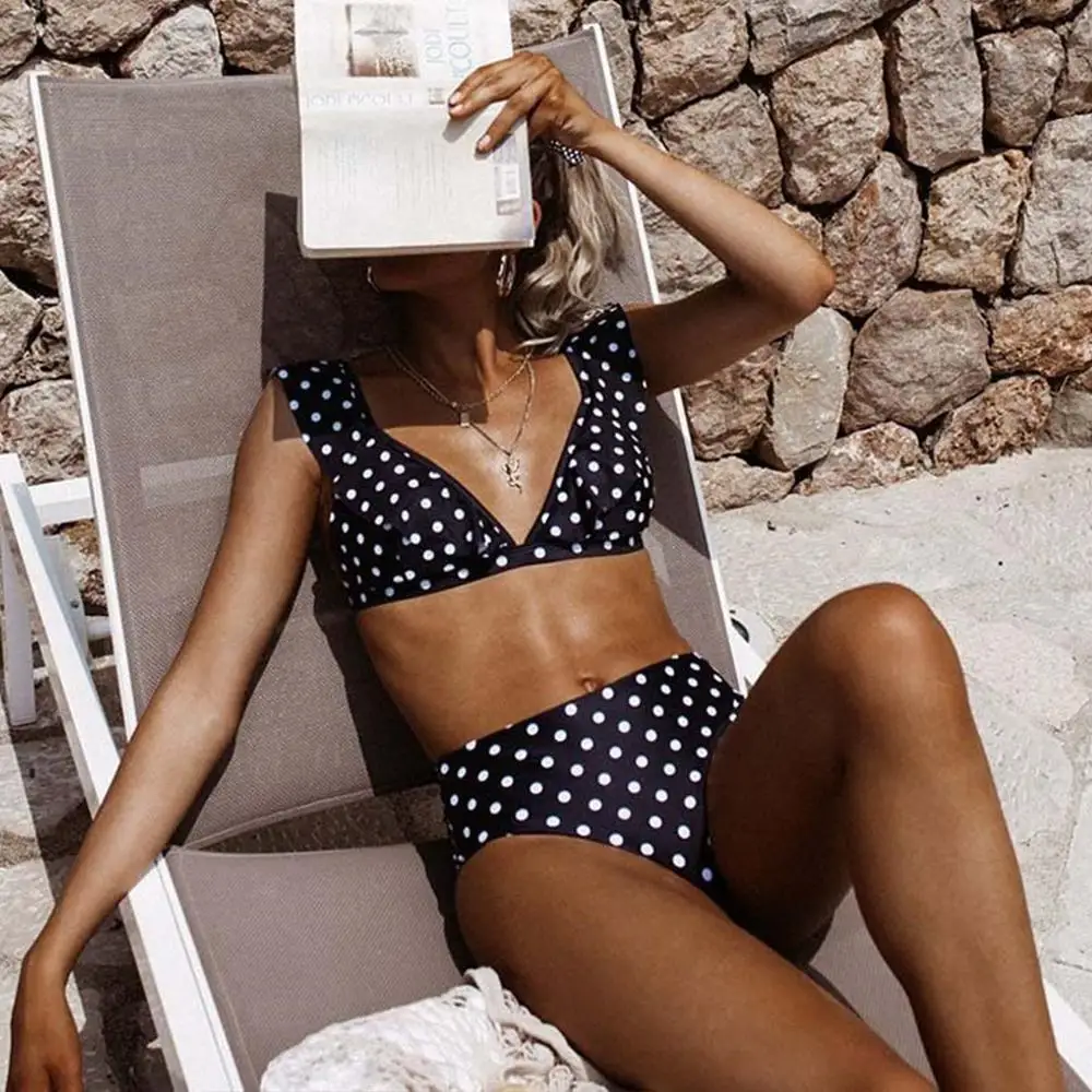 Купальник с высокой талией бикини рюшами женский купальник пуш апом в горошек