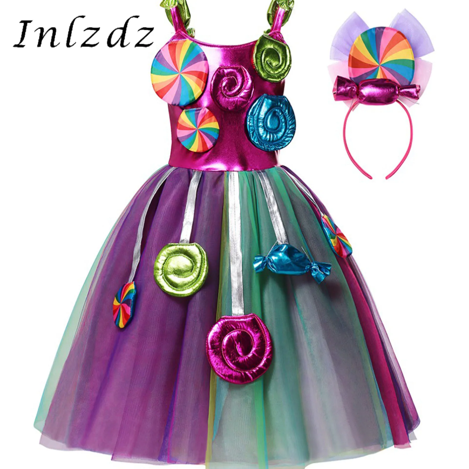 

Kids Girls Carnival Cosplay Costume Glittery Lollipop 3D Flower Applique Mesh Tutu Dress with Hair Hoop for Stage Performance