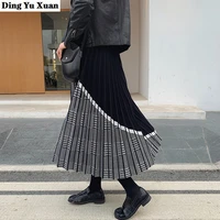 woman long black patchwork plaid pleated skirts womens high waist knitted vintage midi skirt fashion houndstooth jupe femme
