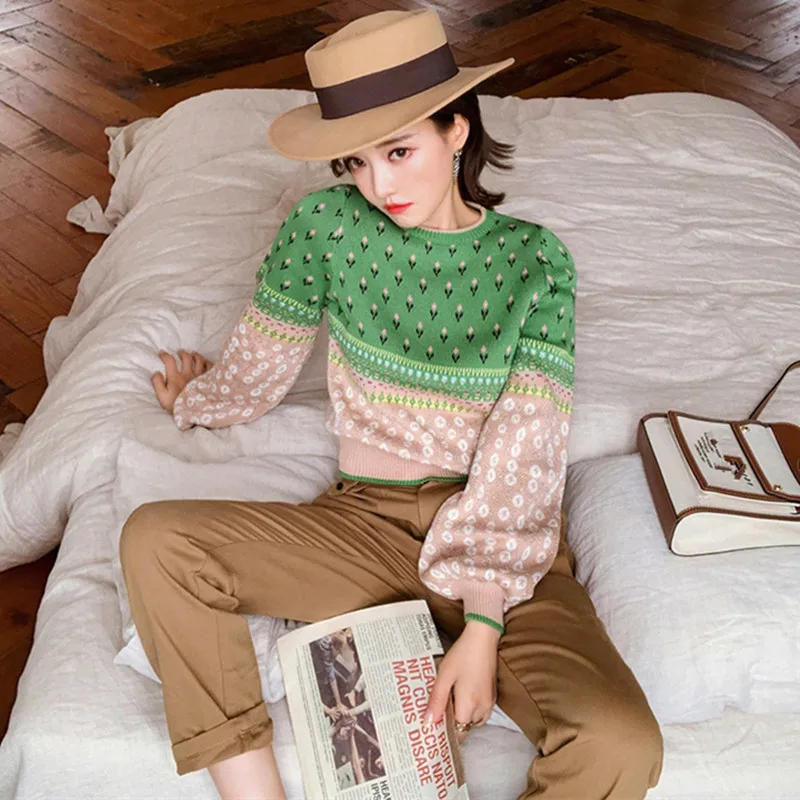 Женский жаккардовый вязаный укороченный свитер Осенний пуловер с люрексом и