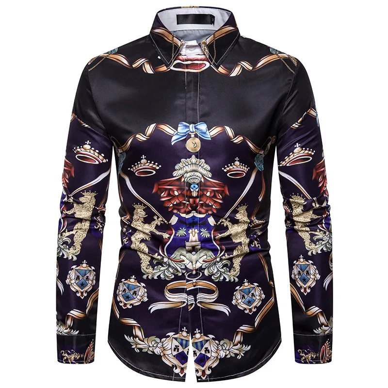 Luxury Royal Mens Shirts Casual Slim Fit Cross Gemstone Printed Long Sleeve Slim Fit Chemise Homme Men Prom Party Tuxedo Shirt