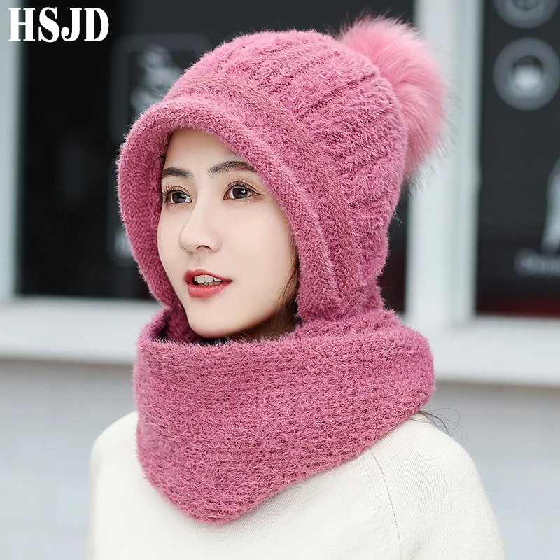 Утолщенные теплые вязанные шарф и шапка из кроличьей шерсти набор 2019 новые