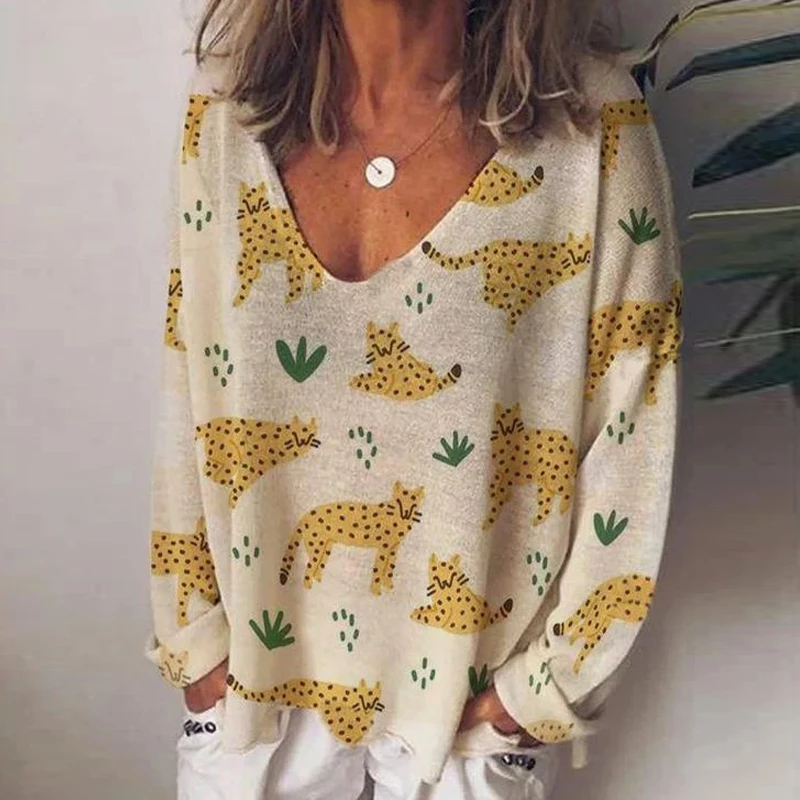 

2020 Autumn Long Sleeve Loose Tops Pullover Casual Streetwear Plus Size Blusas Vintage Abstract Print V Neck Blouse Shirt Women