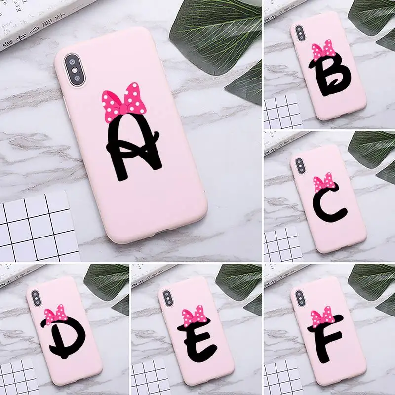 

Alphabet Letter Cartoon Cute Bow Phone Case For iphone 13 12 11 Pro max mini XS 8 7 6 6S Plus X 5S SE 2020 XR Matte Candy Pink