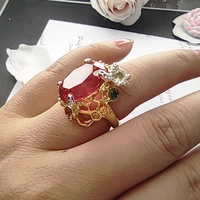 oval fuchsia zircon ring yellow gold 2 tone plating charming jewellery womens trendy jewelry big cocktail rings