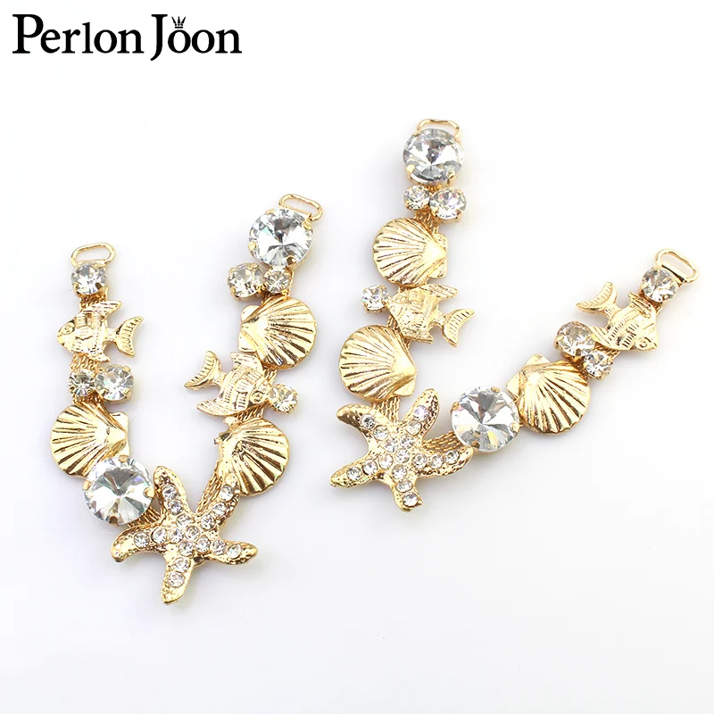 1 пара золотистых пляжных туфель в морском стиле с V образной цепочкой стразы