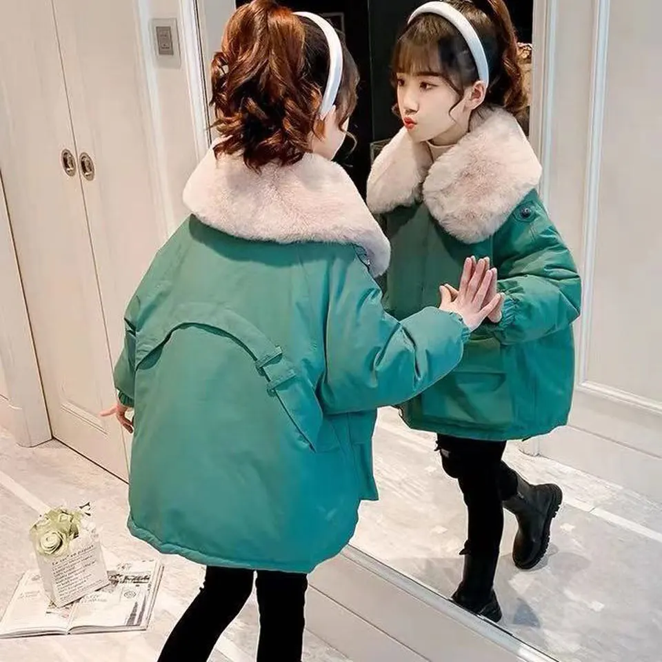 

Turn-down Collar Fashion New Girls Down Cotton Coat Winter Mid Big Child Girls Thick Jackets Outwear Clothing 3 4 6 8 10 12 14