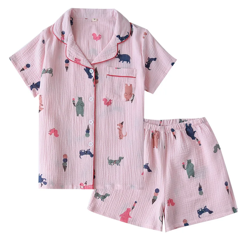 New Summer Pajamas Set Women's Cotton Gauze Soft Female Short-sleeved  Sleepwear with Shorts Japan Cartoon Thin Casual Home Wear