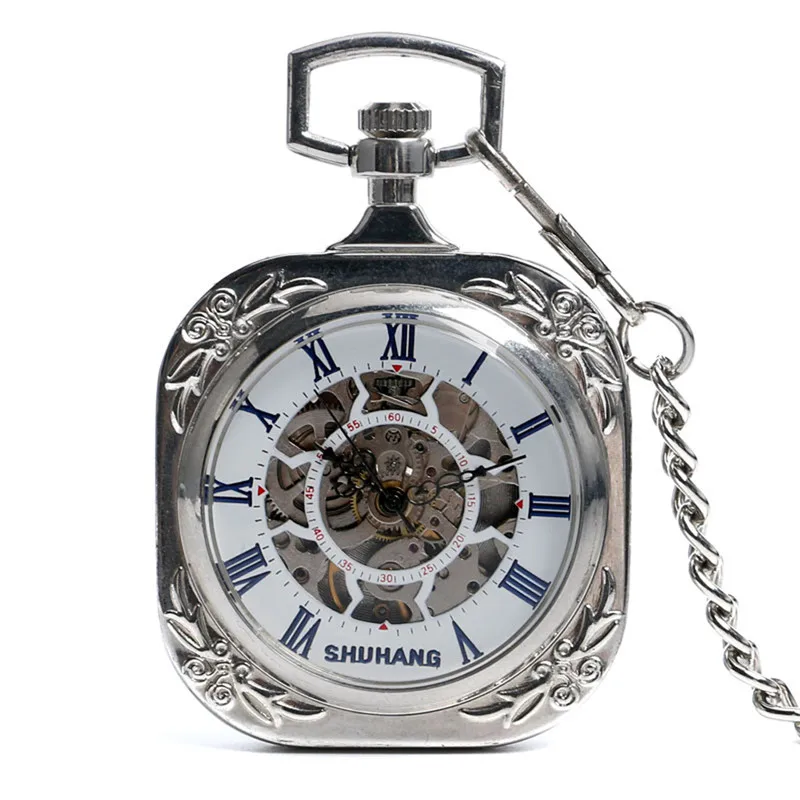 Silver Square Shape Pocket Watch Unisex Handwinding Mechanical Watches Open Face Design Roman Number with Pendant Chain Clock