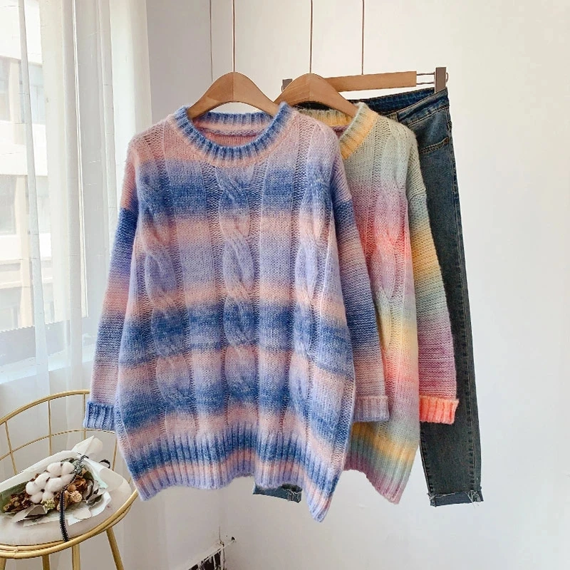 

Winter Women'S Rainbow Striped Retro Knitted Sweater Japanese Sweet Oversized Women'S Sweater Fashion Lazy Pullover
