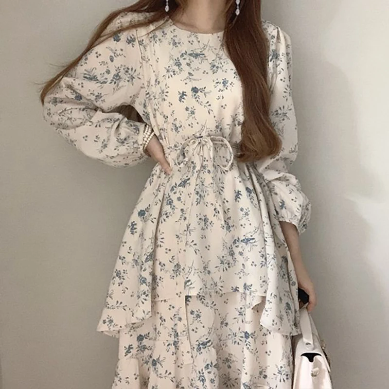 

TIGENA Floral Chiffon Midi Summer Dress Women 2021 Korean Sweet Ruffles Irregular Hem Long Sleeve Belt Tunic Dress Female Lady