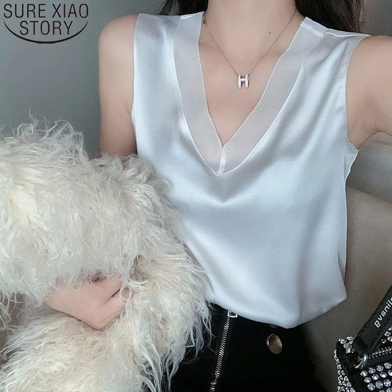 

Sexy V-neck Woman Vest Silk Tops for Women Satin Mesh Female Tank Tops Sleeveless White Basic Casual Woman Top Clothing 13743