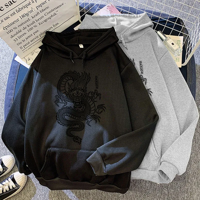 

Autumn and Winter Candy-Colored Sweatshirt Couple's Black Dragon Printed Pattern Hooded Oversized Crewneck Tops